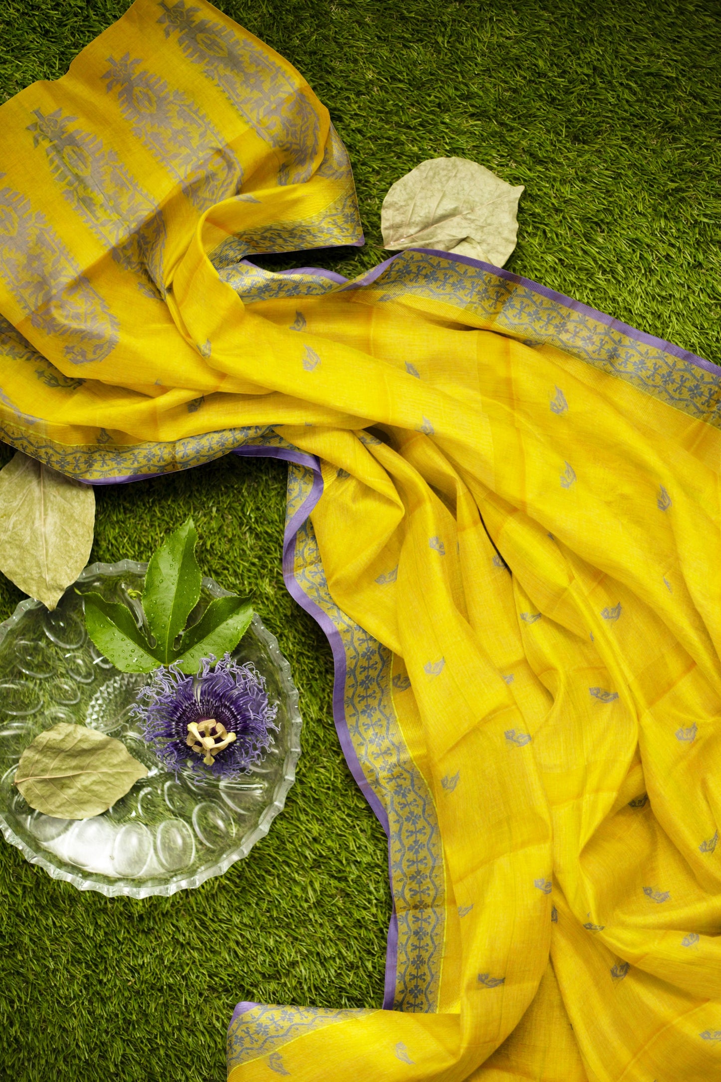 Yellow Green Pure South Cotton Fancy Paisley Pallu Saree