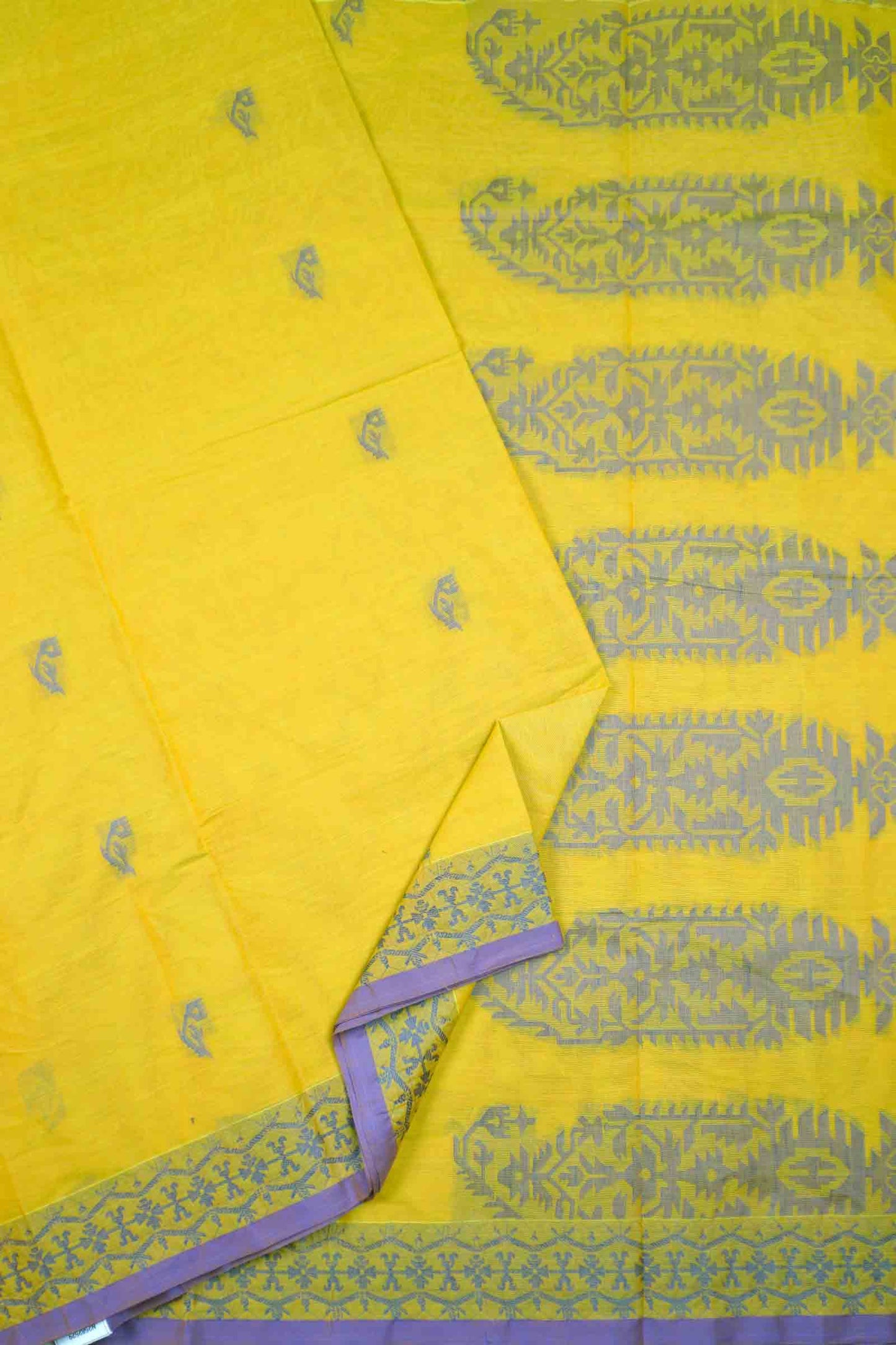 Yellow Green Pure South Cotton Fancy Paisley Pallu Saree