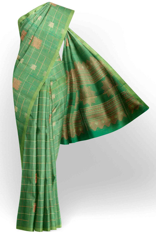 Green Pure South Cotton Zari Checks Star Pallu Saree