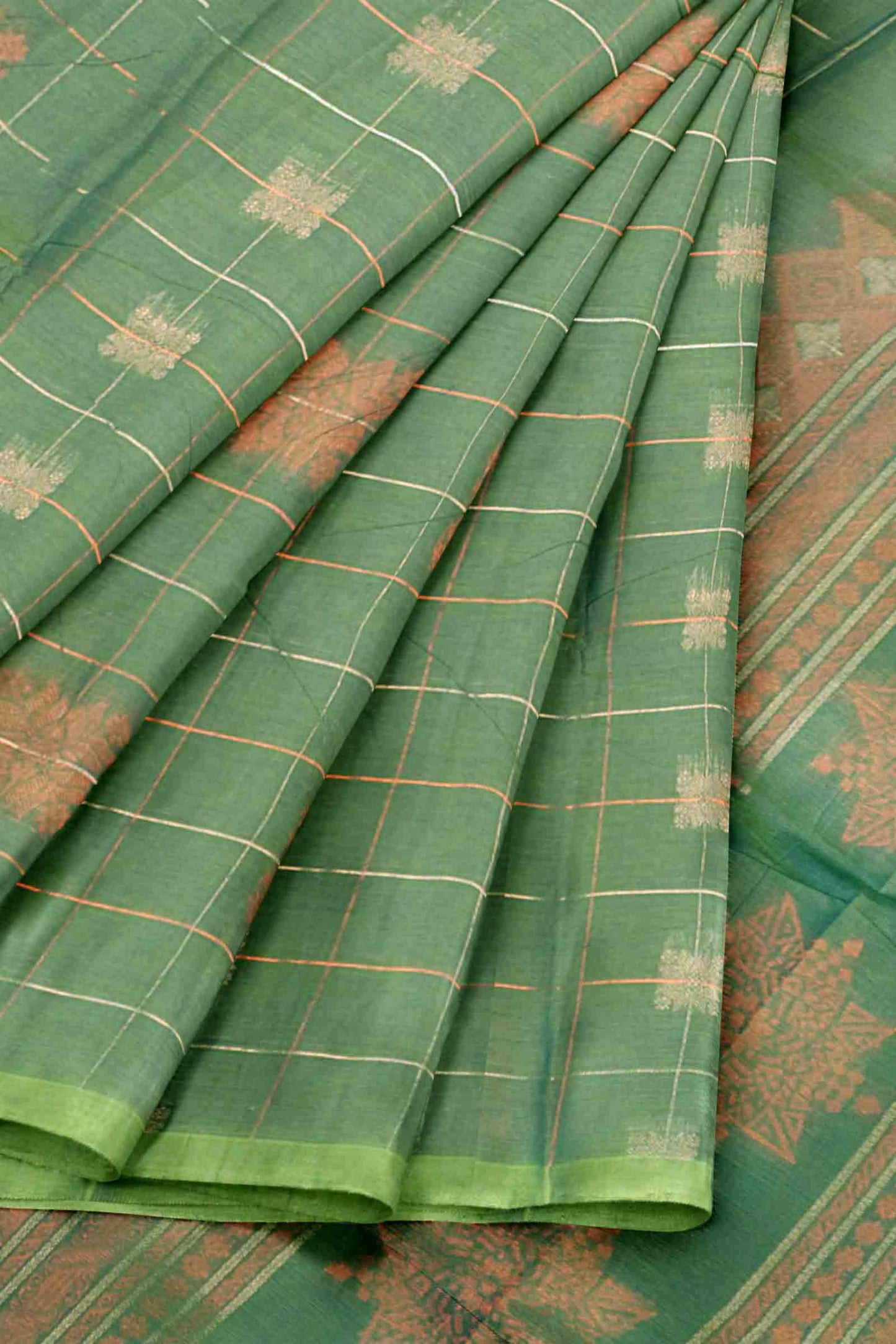 Green With Grey Pure South Cotton Checks Butta Star Pallu Saree