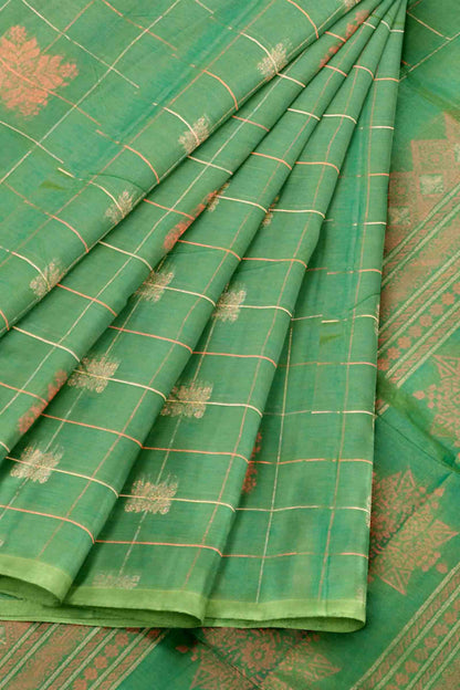 Green Pure South Cotton Zari Checks Star Pallu Saree