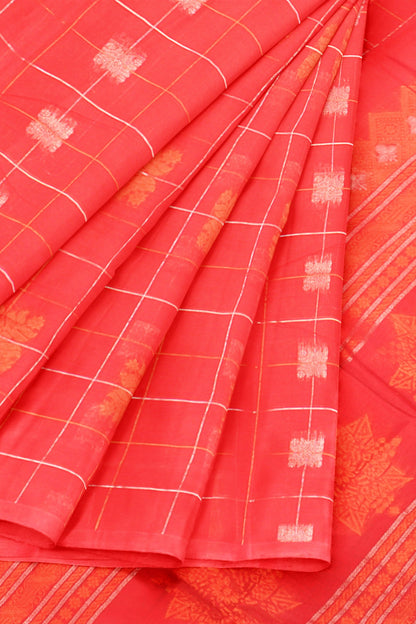 Red Pure South Cotton Checks Butta Star Pallu Saree