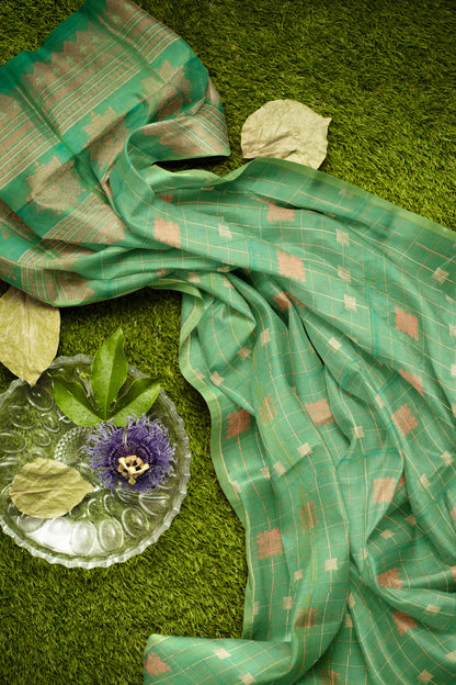 Green Pure South Cotton Zari Checks Star Pallu Saree