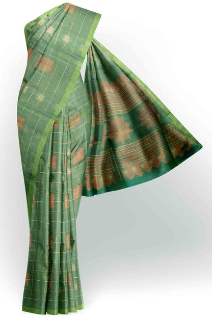 Green With Grey Pure South Cotton Checks Butta Star Pallu Saree