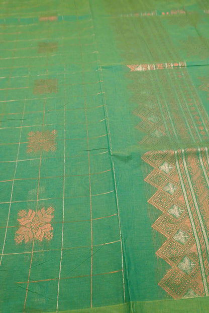 Green Pure South Cotton Zari Checks Star Pallu Saree