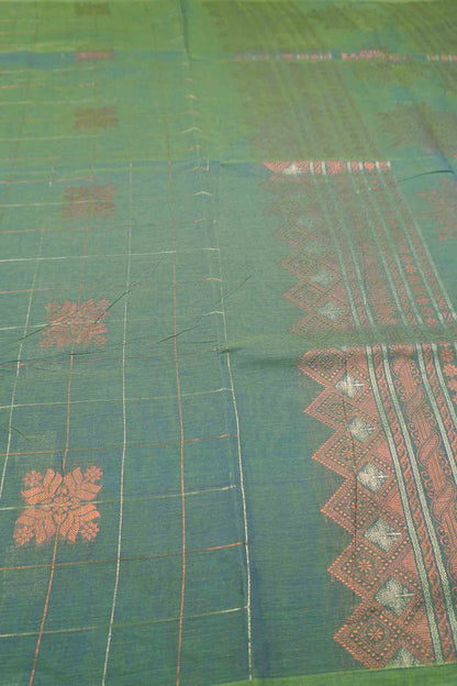Green With Grey Pure South Cotton Checks Butta Star Pallu Saree