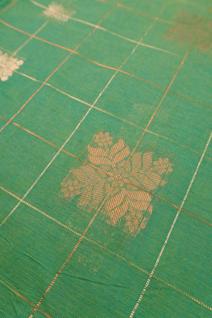 Green Pure South Cotton Zari Checks Star Pallu Saree