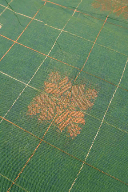 Green With Grey Pure South Cotton Checks Butta Star Pallu Saree