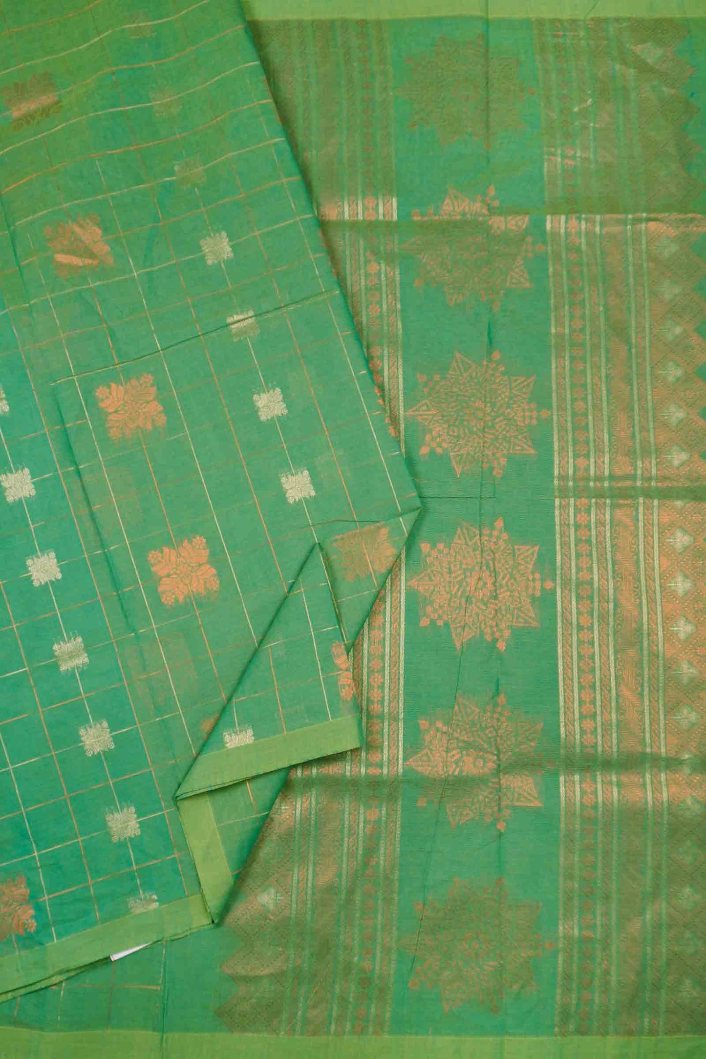 Green Pure South Cotton Zari Checks Star Pallu Saree
