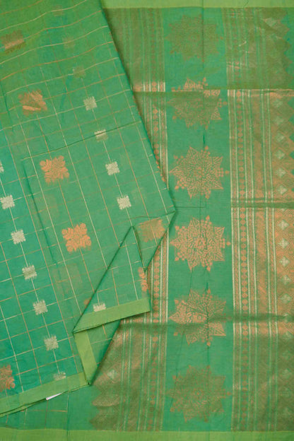 Green Pure South Cotton Zari Checks Star Pallu Saree