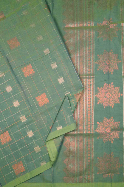 Green With Grey Pure South Cotton Checks Butta Star Pallu Saree