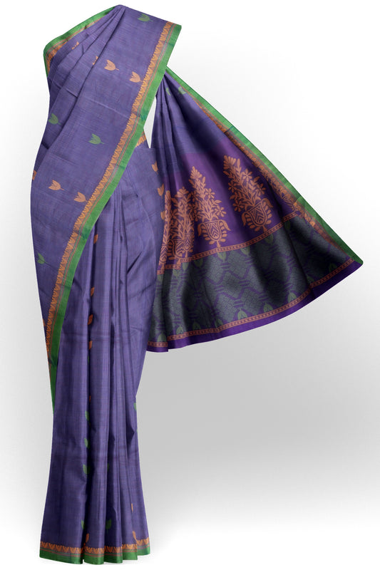 Blue  Pure South Cotton Tulip Butta Floral vase Pallu Saree