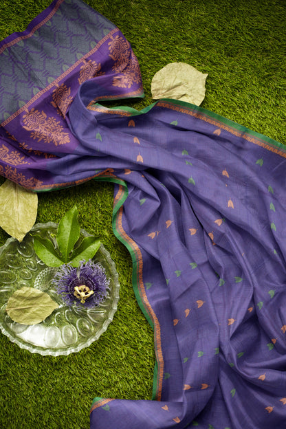 Blue  Pure South Cotton Tulip Butta Floral vase Pallu Saree