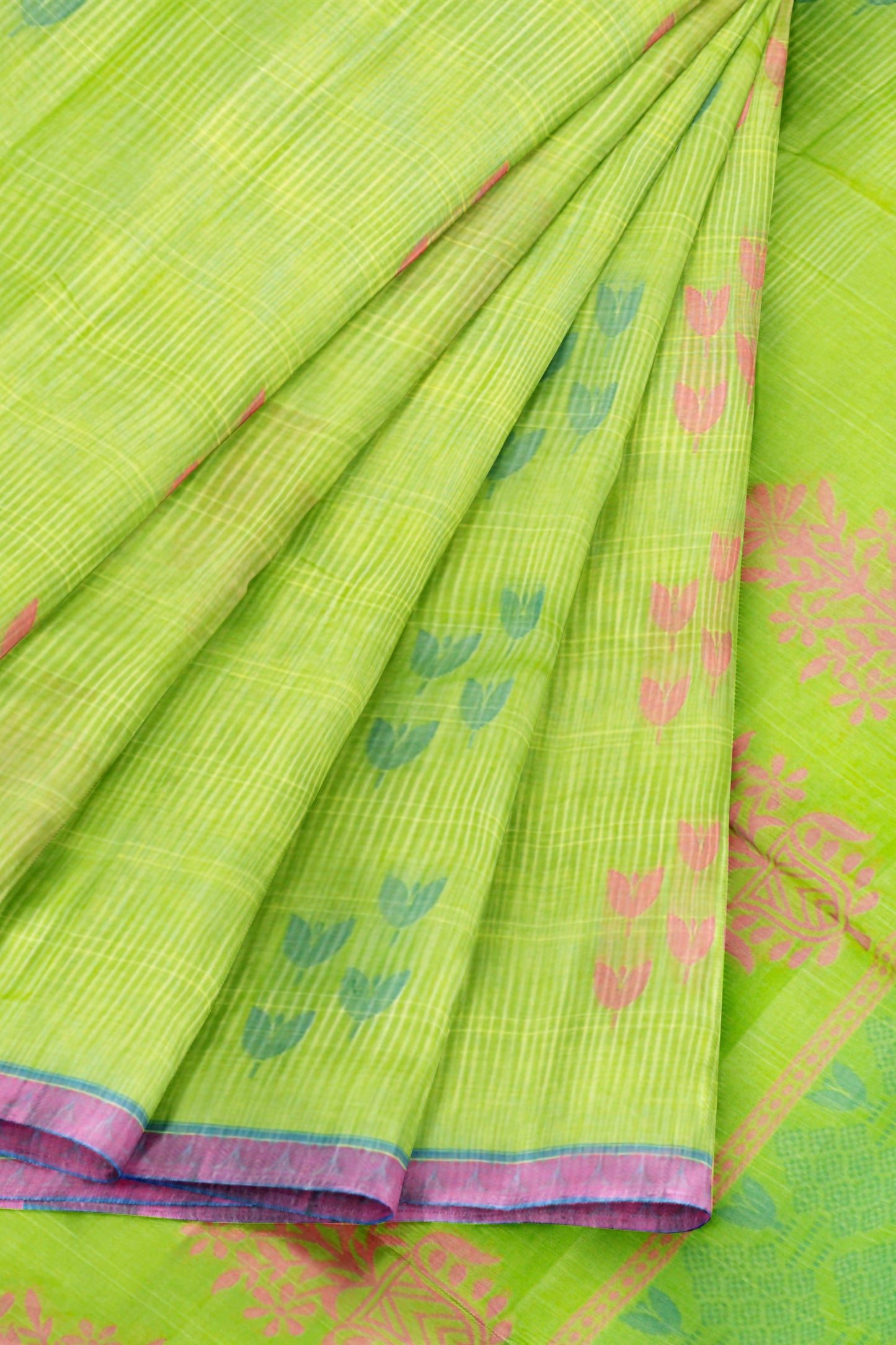 Green Pure South Cotton Tulip Buds Butta Saree