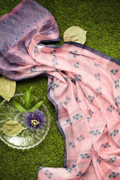 Light Pink Pure South Cotton Tulips Butta Saree - CHECKED