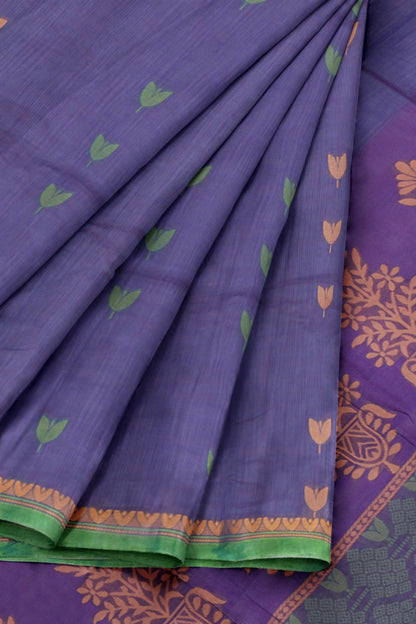 Blue  Pure South Cotton Tulip Butta Floral vase Pallu Saree