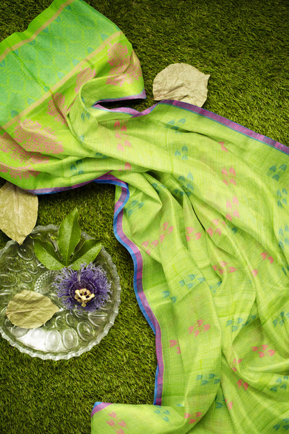 Green Pure South Cotton Tulip Buds Butta Saree