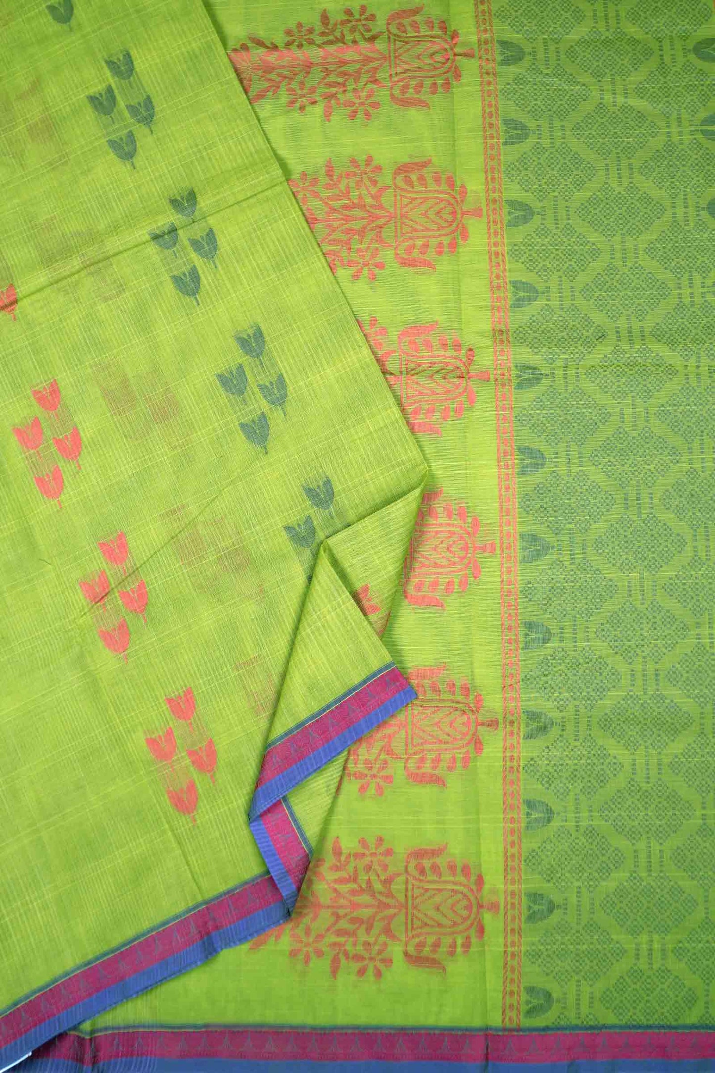 Green Pure South Cotton Tulip Buds Butta Saree