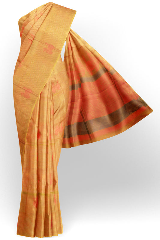 Light Orange Pure South Cotton Checks Llama Butta Saree
