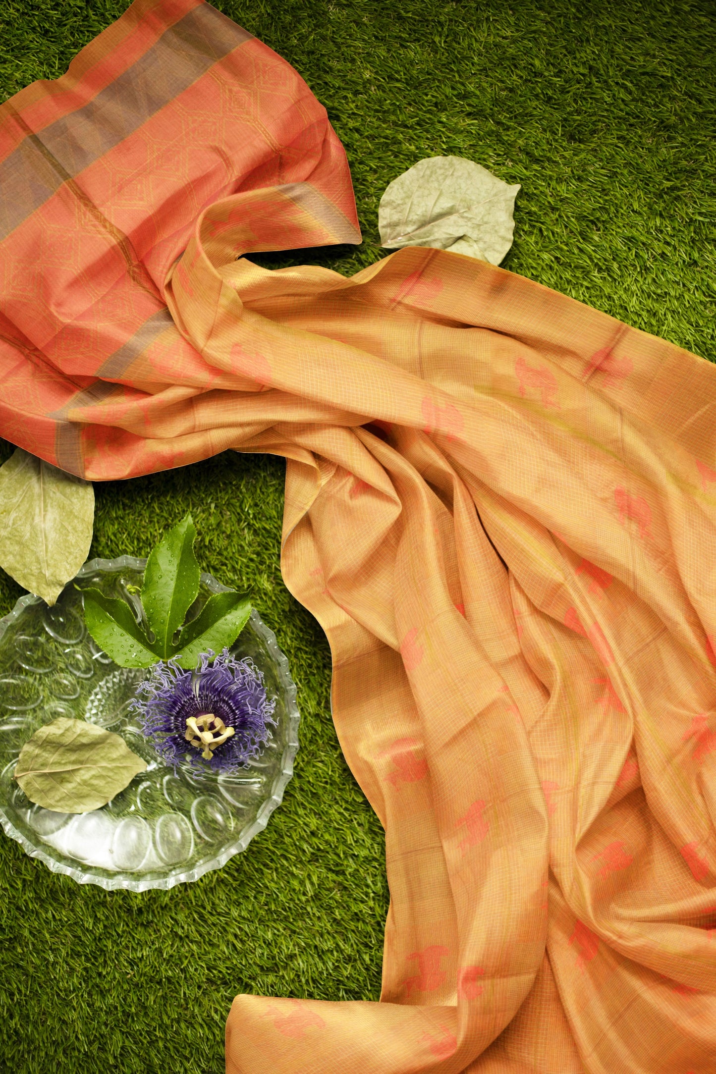 Light Orange Pure South Cotton Checks Llama Butta Saree