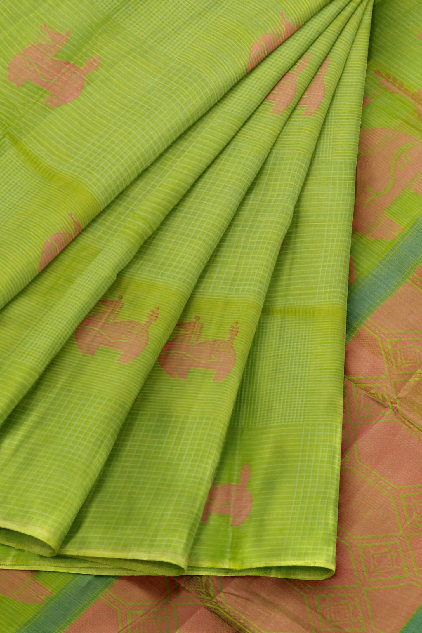 Green Pure South Cotton Mini Checks Llama Butta Saree