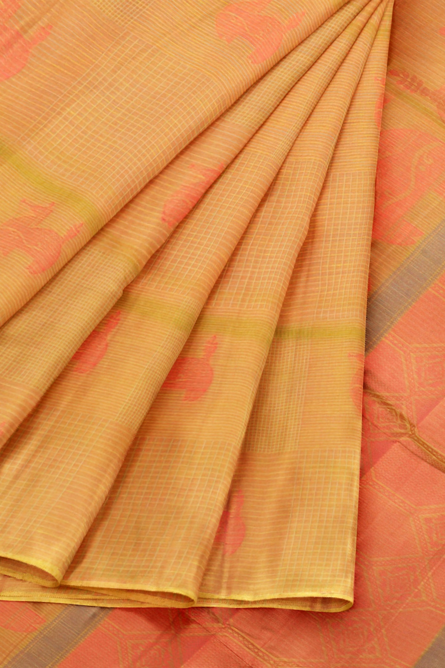 Light Orange Pure South Cotton Checks Llama Butta Saree