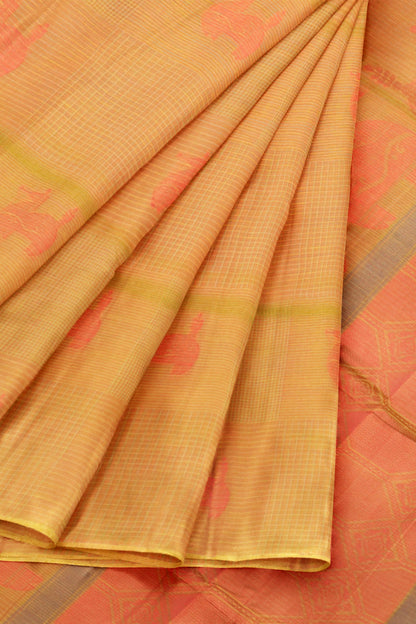 Light Orange Pure South Cotton Checks Llama Butta Saree