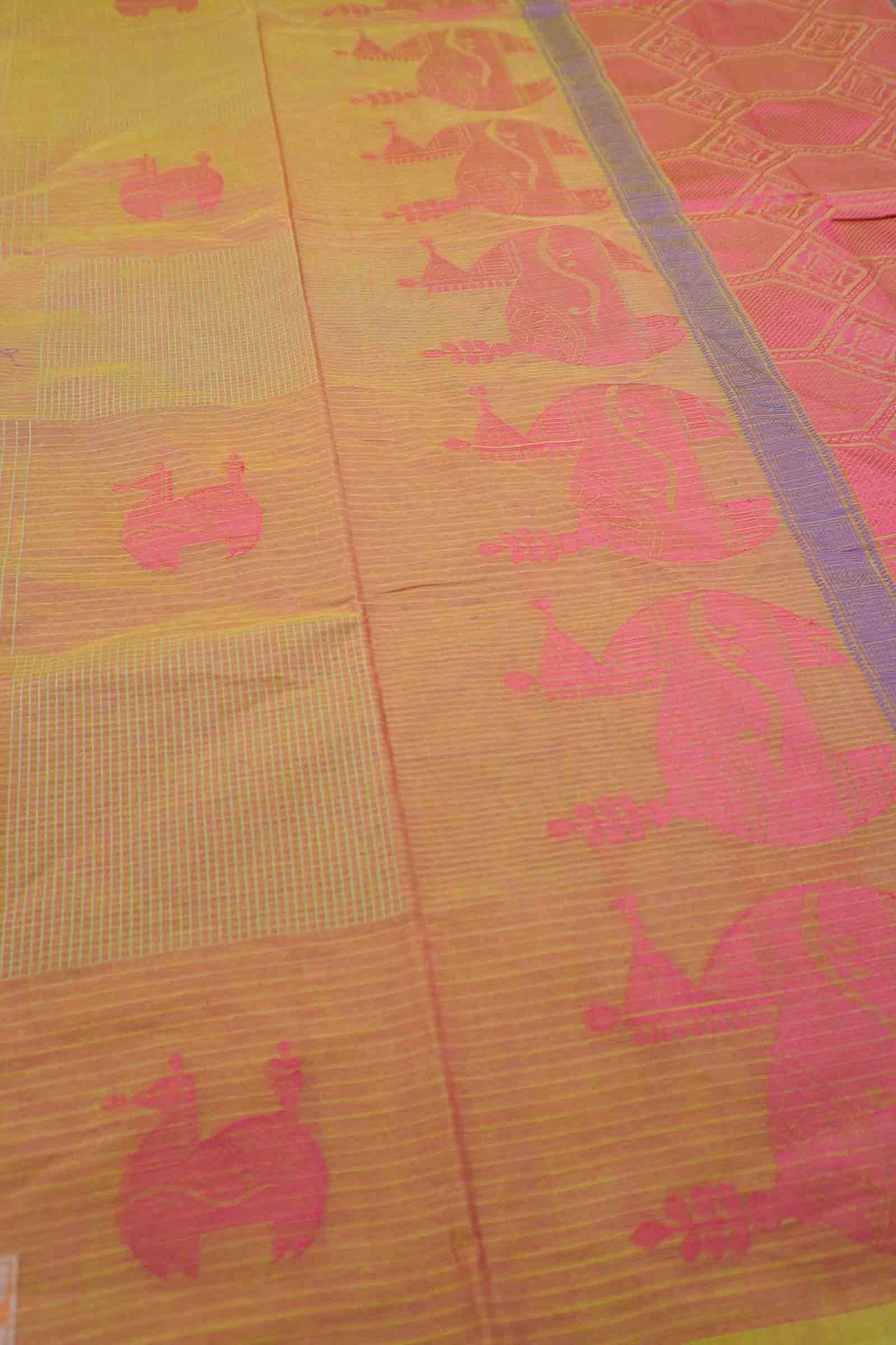Light Orange Pure South Cotton Checks Llama Butta Saree