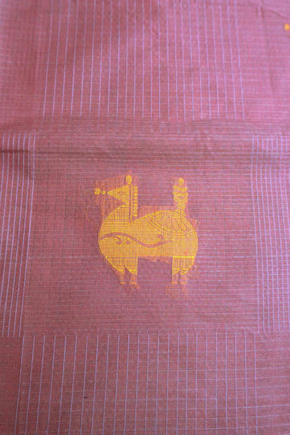 Dark Mauve Taupe Pure South Cotton Mini Checks Llama Butta Saree