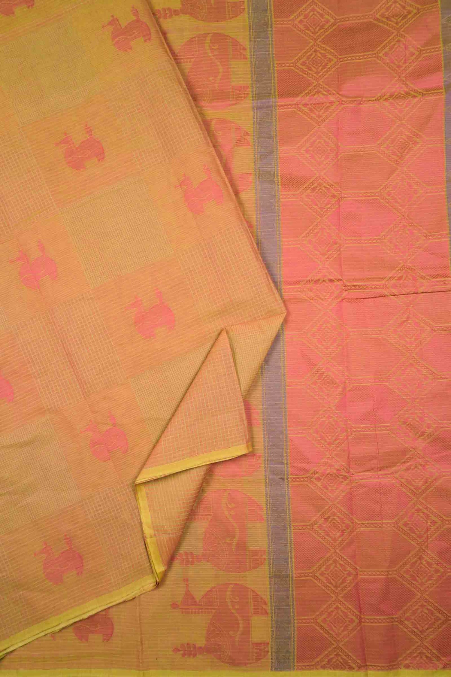 Light Orange Pure South Cotton Checks Llama Butta Saree