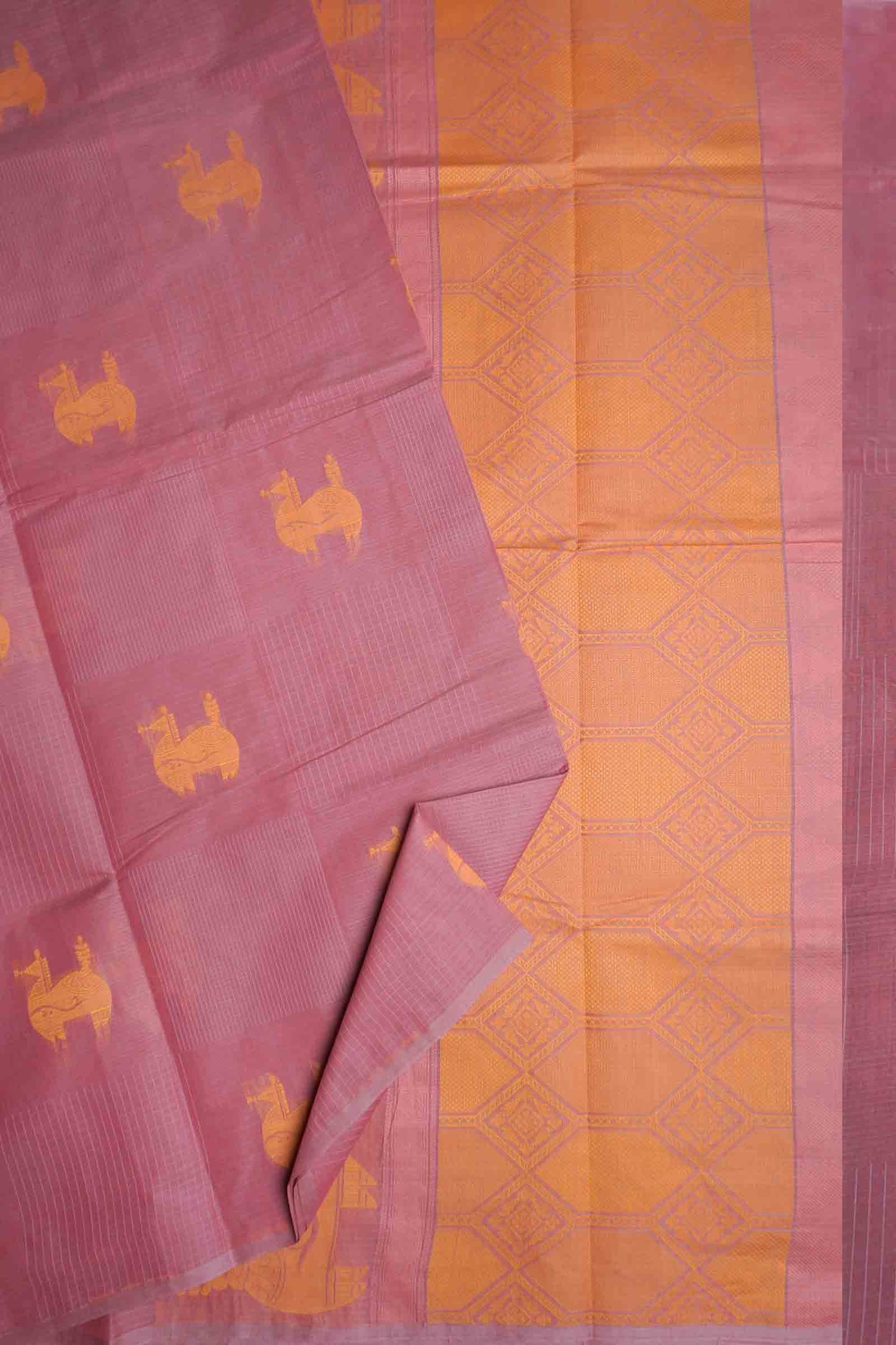 Dark Mauve Taupe Pure South Cotton Mini Checks Llama Butta Saree