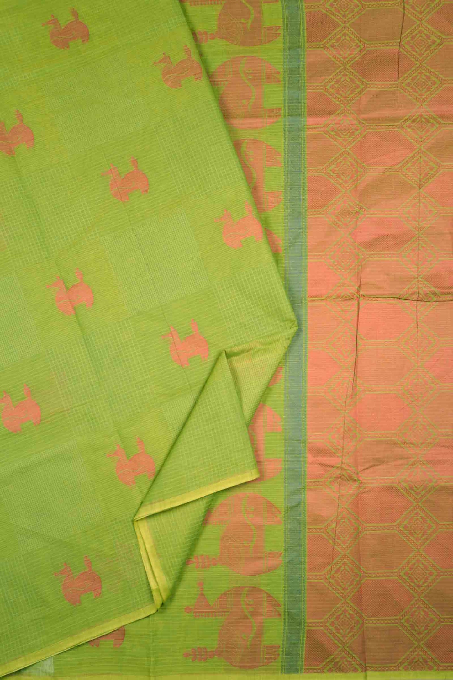 Green Pure South Cotton Mini Checks Llama Butta Saree