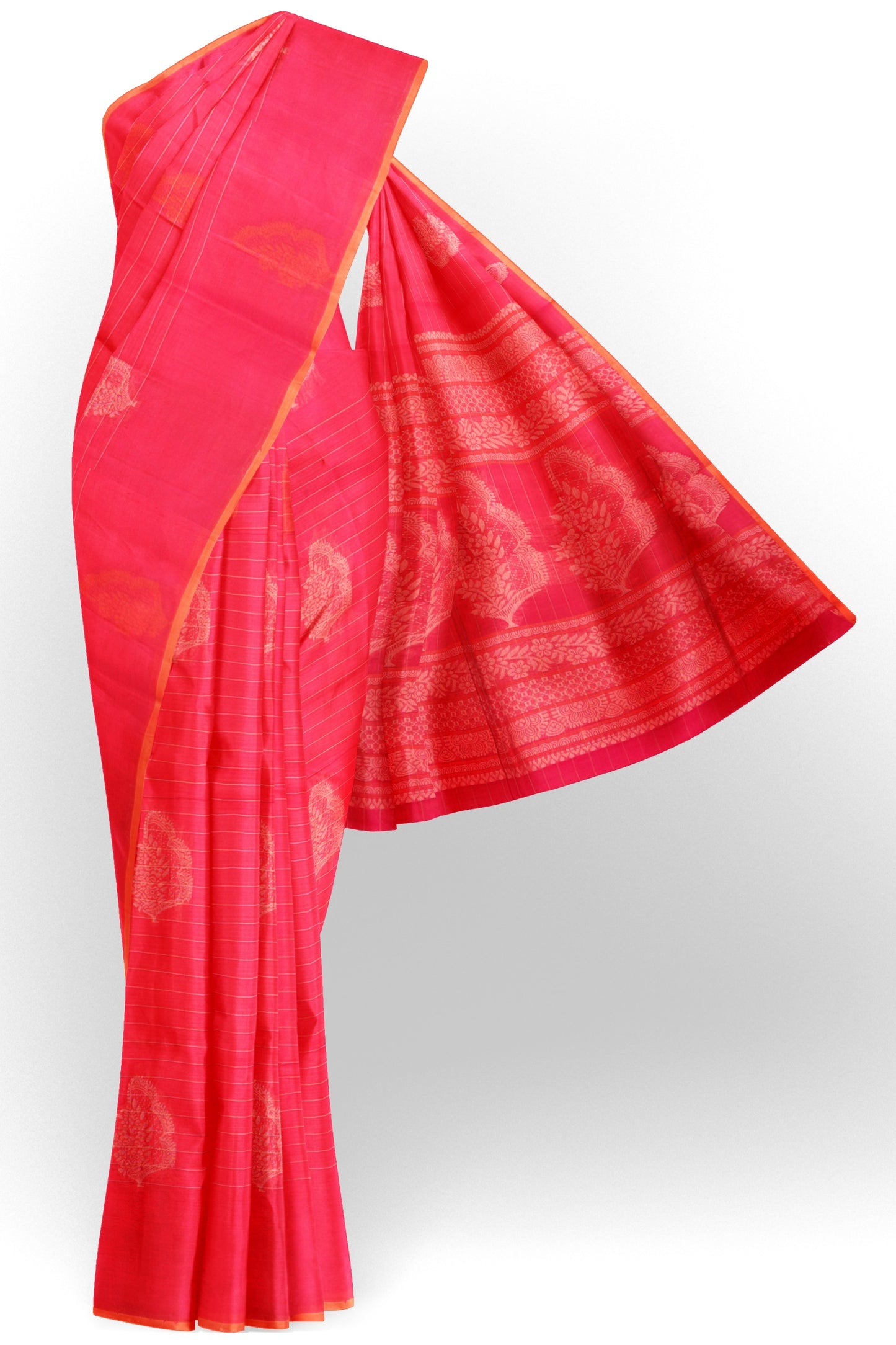 Dark Pink Pure South Cotton Lines Butta Leaves Pallu Saree
