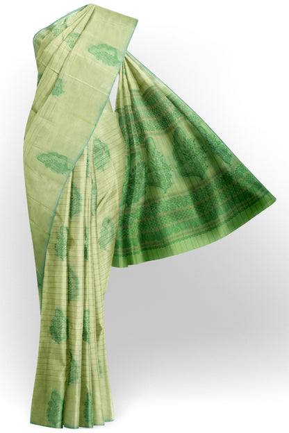 Light Green Pure South Cotton Lines Butta Leaves Pallu Saree