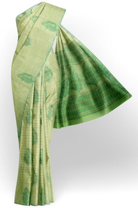 Light Green Pure South Cotton Lines Butta Leaves Pallu Saree