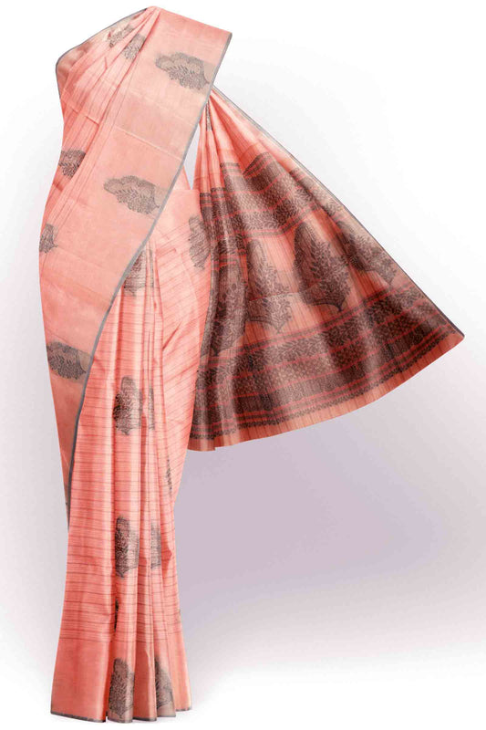 Light Pink Pure South Cotton Lines Butta Leaves Pallu Saree