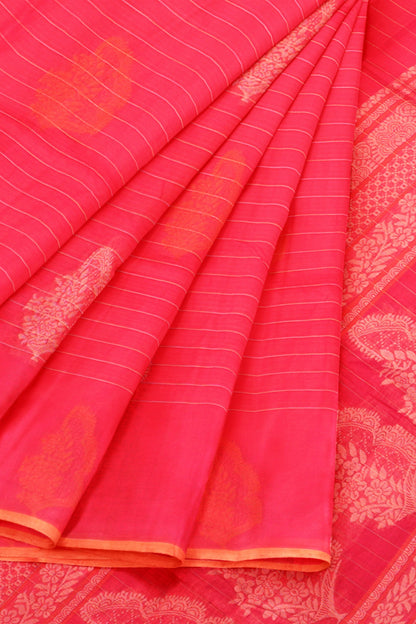 Dark Pink Pure South Cotton Lines Butta Leaves Pallu Saree