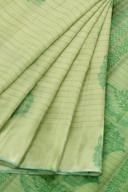 Light Green Pure South Cotton Lines Butta Leaves Pallu Saree