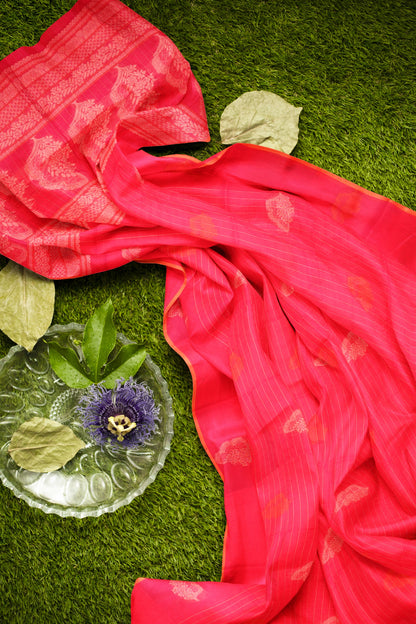 Dark Pink Pure South Cotton Lines Butta Leaves Pallu Saree