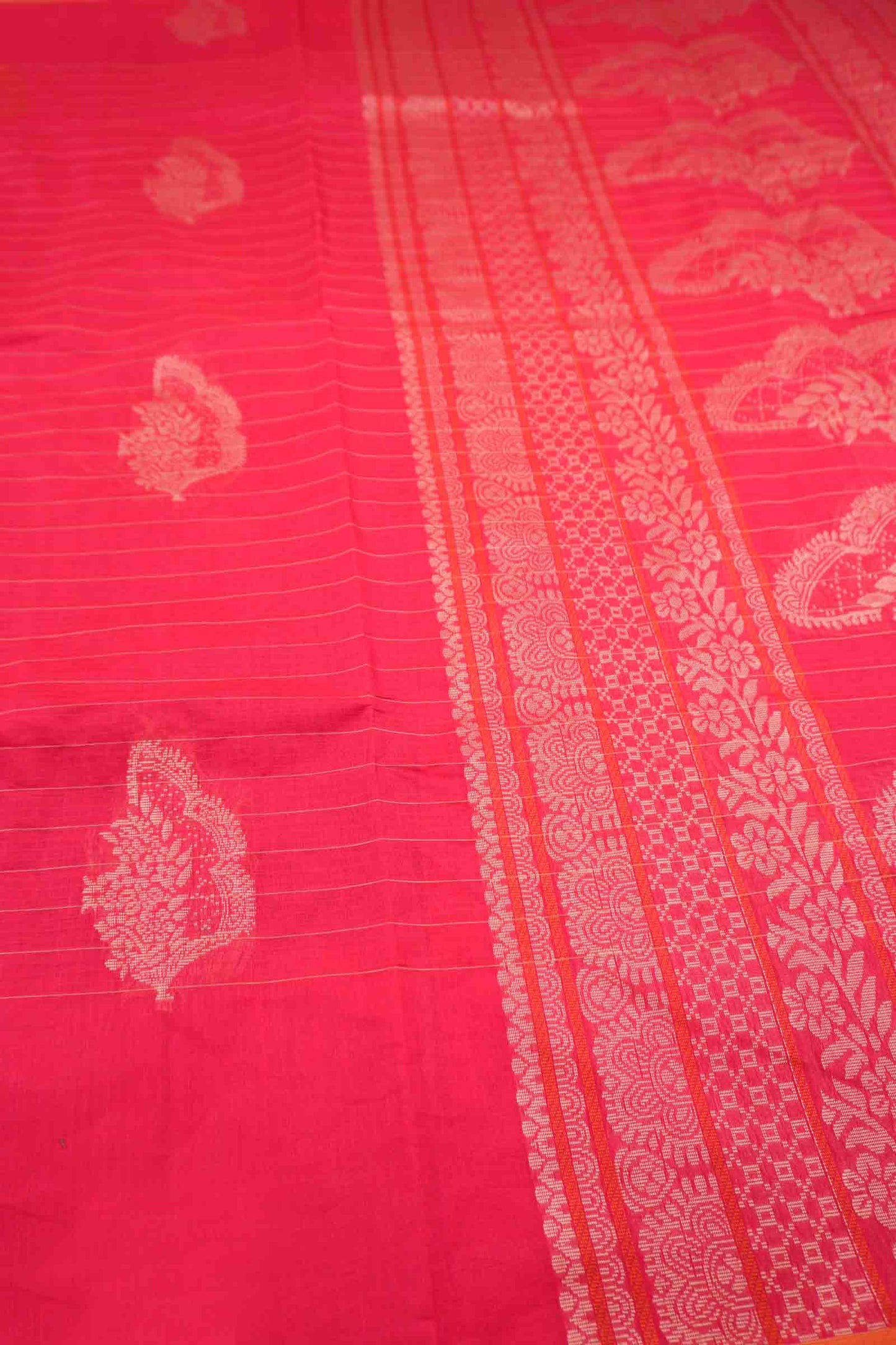 Dark Pink Pure South Cotton Lines Butta Leaves Pallu Saree