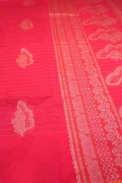 Dark Pink Pure South Cotton Lines Butta Leaves Pallu Saree