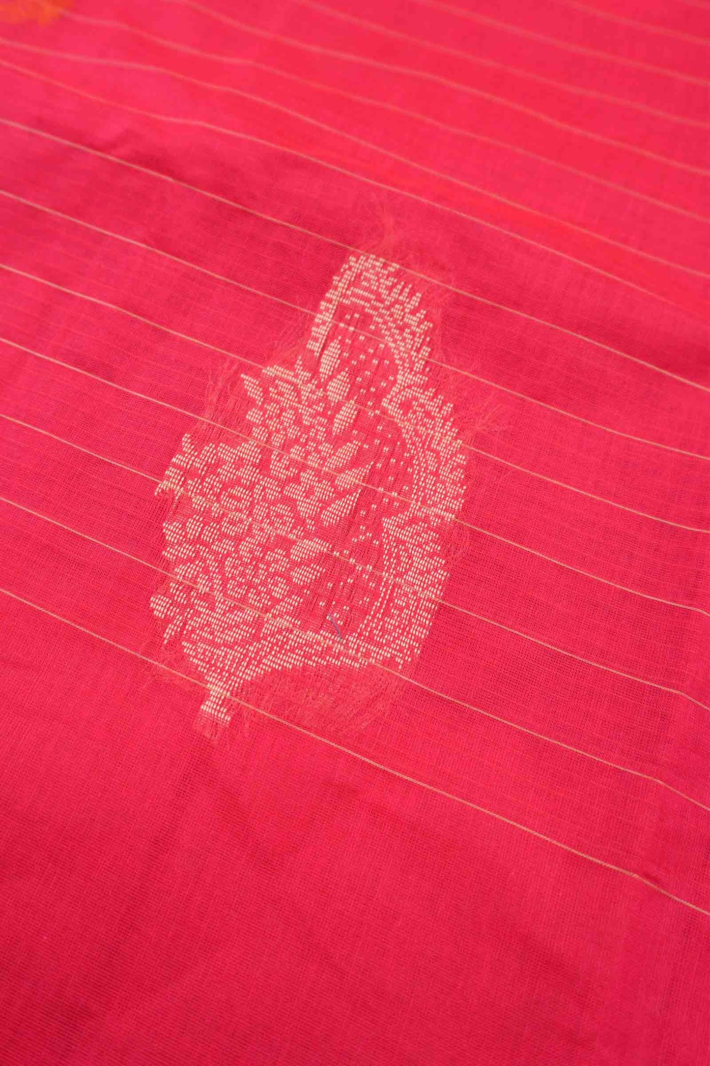 Dark Pink Pure South Cotton Lines Butta Leaves Pallu Saree