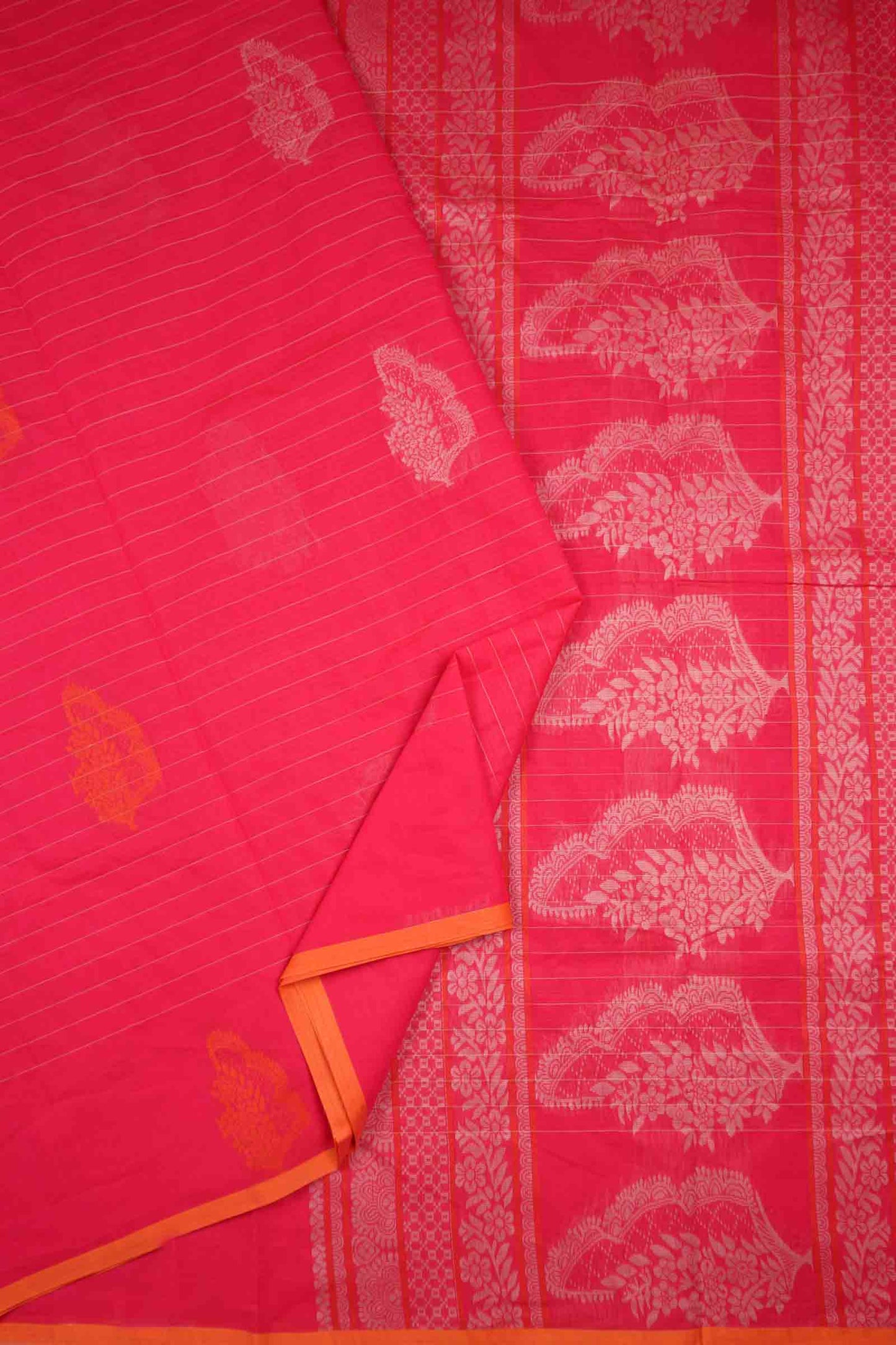 Dark Pink Pure South Cotton Lines Butta Leaves Pallu Saree