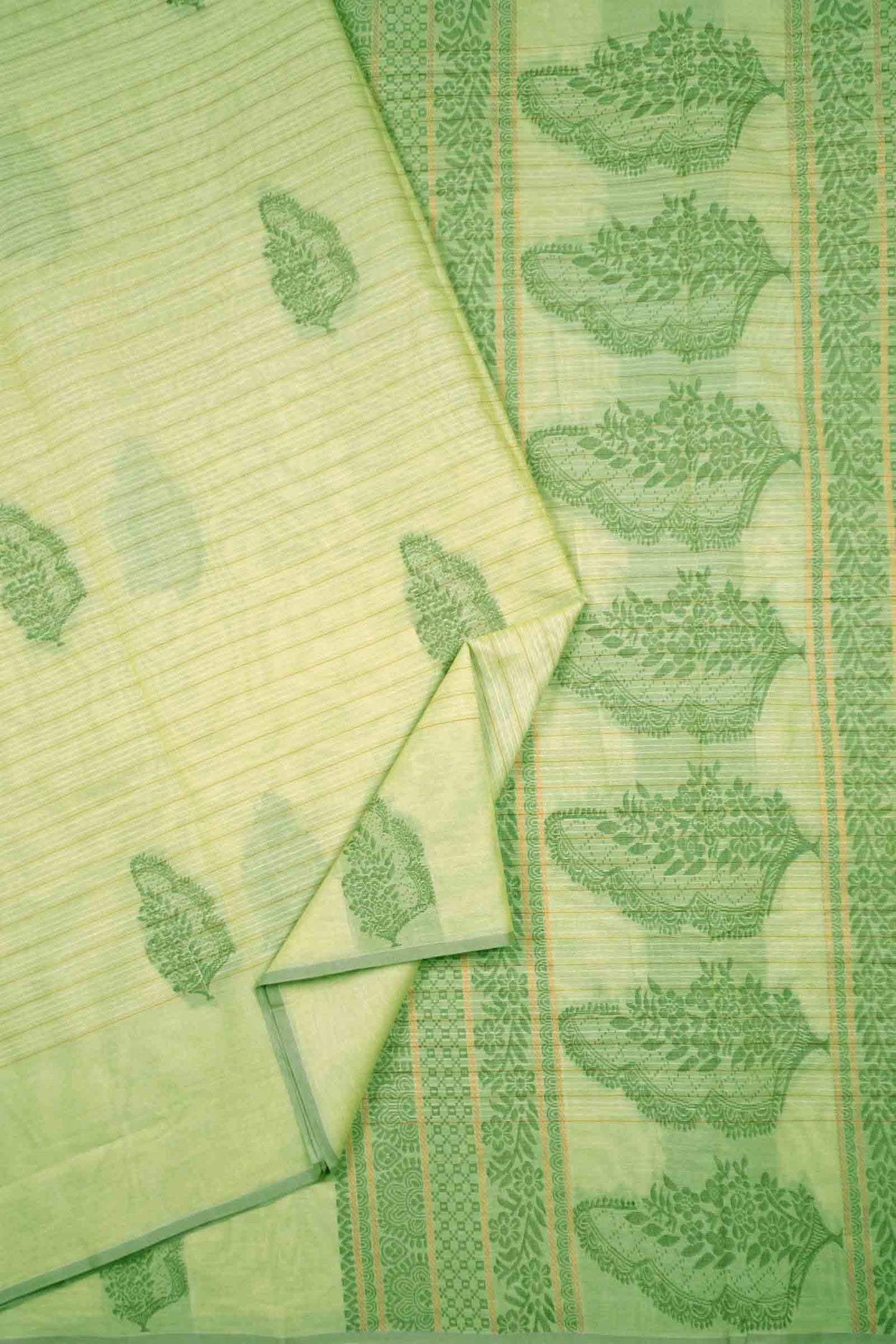 Light Green Pure South Cotton Lines Butta Leaves Pallu Saree