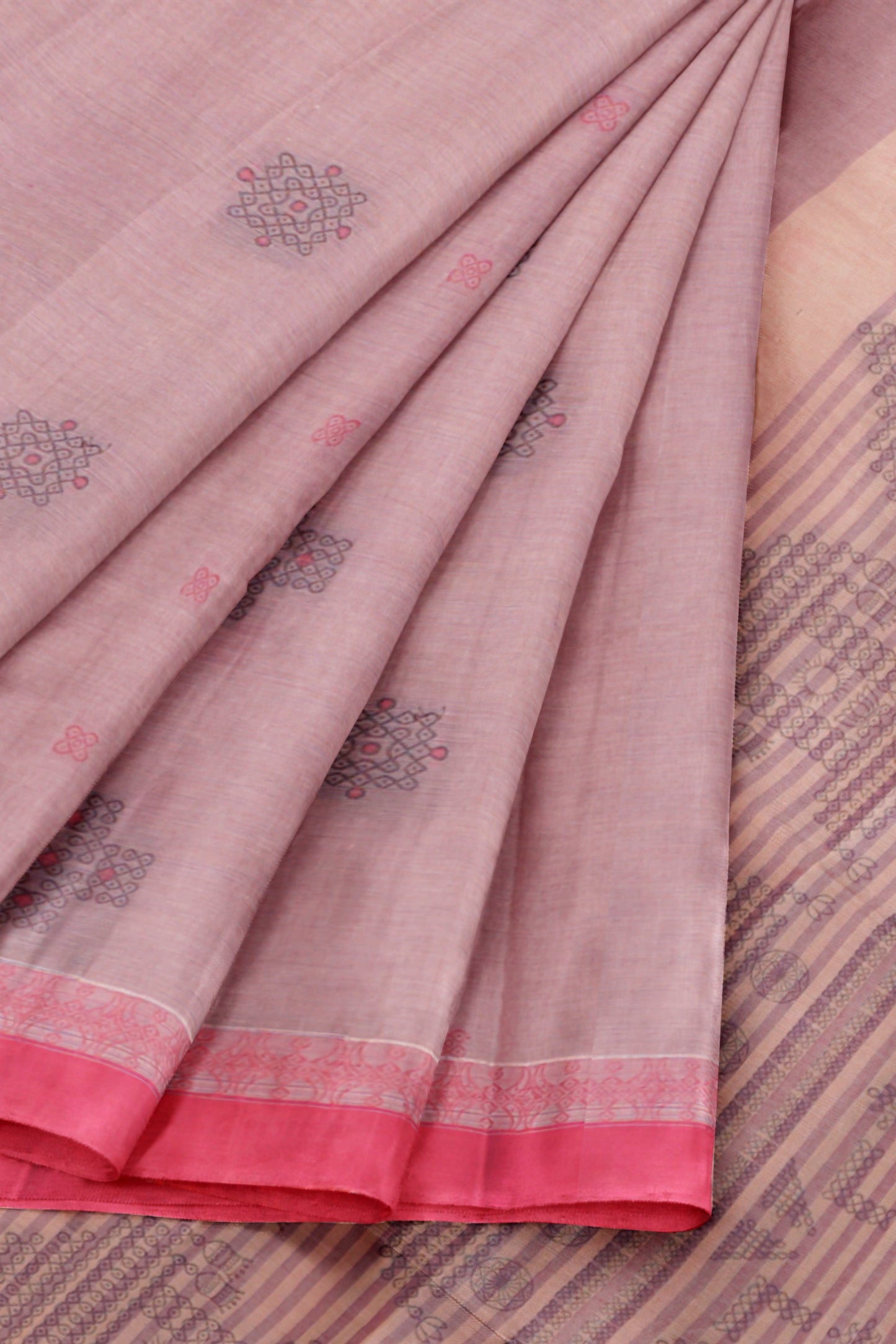 Light Pink With Grey Pure South Cotton Kolam Butta Chariot Pallu Saree