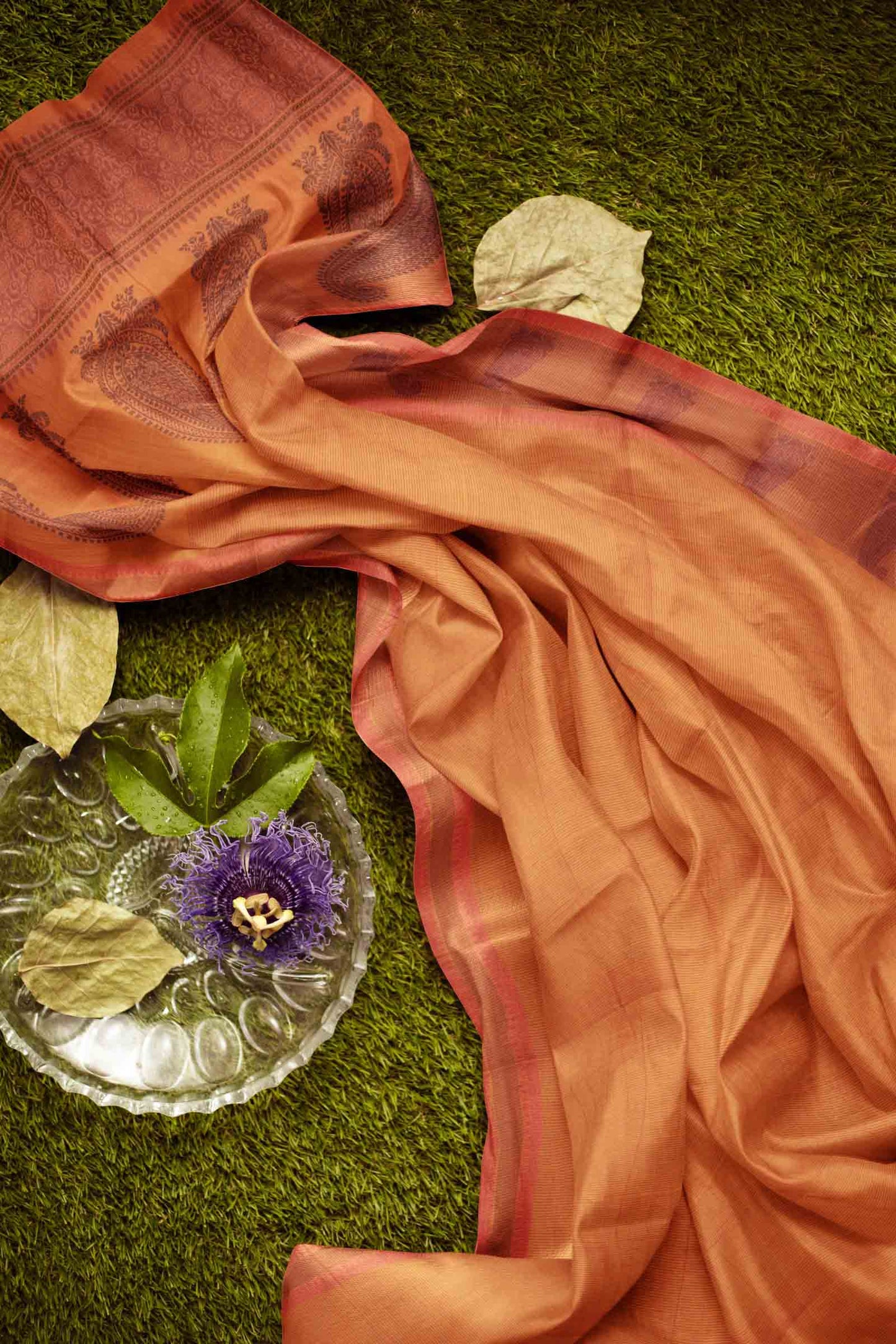 Brown Pure South Cotton Lines Paisley Butta Saree