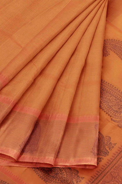 Brown Pure South Cotton Lines Paisley Butta Saree
