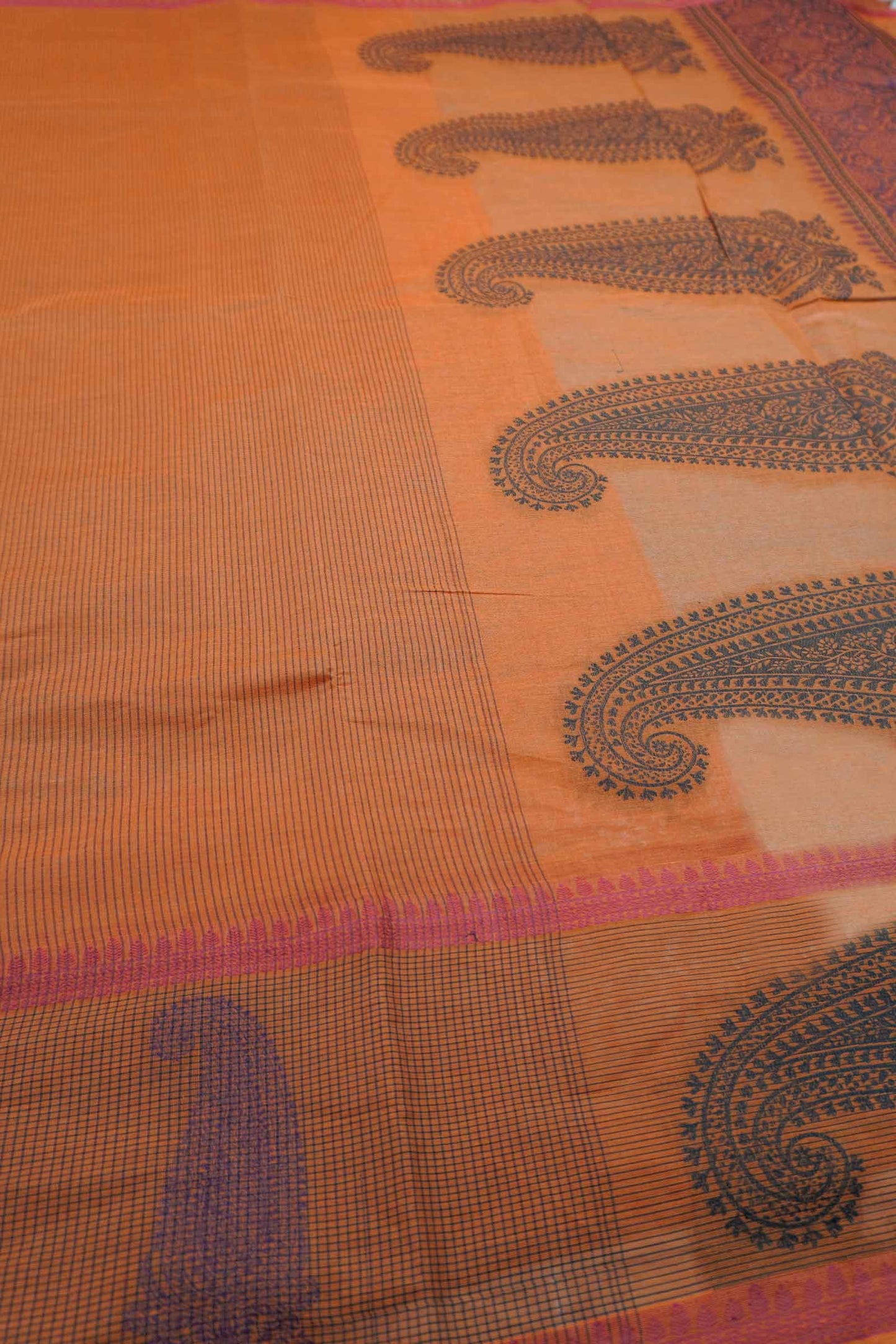 Brown Pure South Cotton Lines Paisley Butta Saree