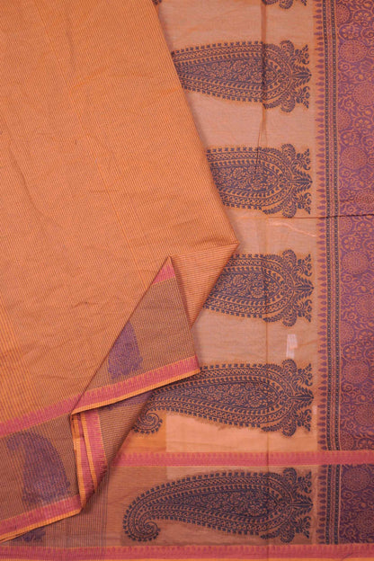 Brown Pure South Cotton Lines Paisley Butta Saree