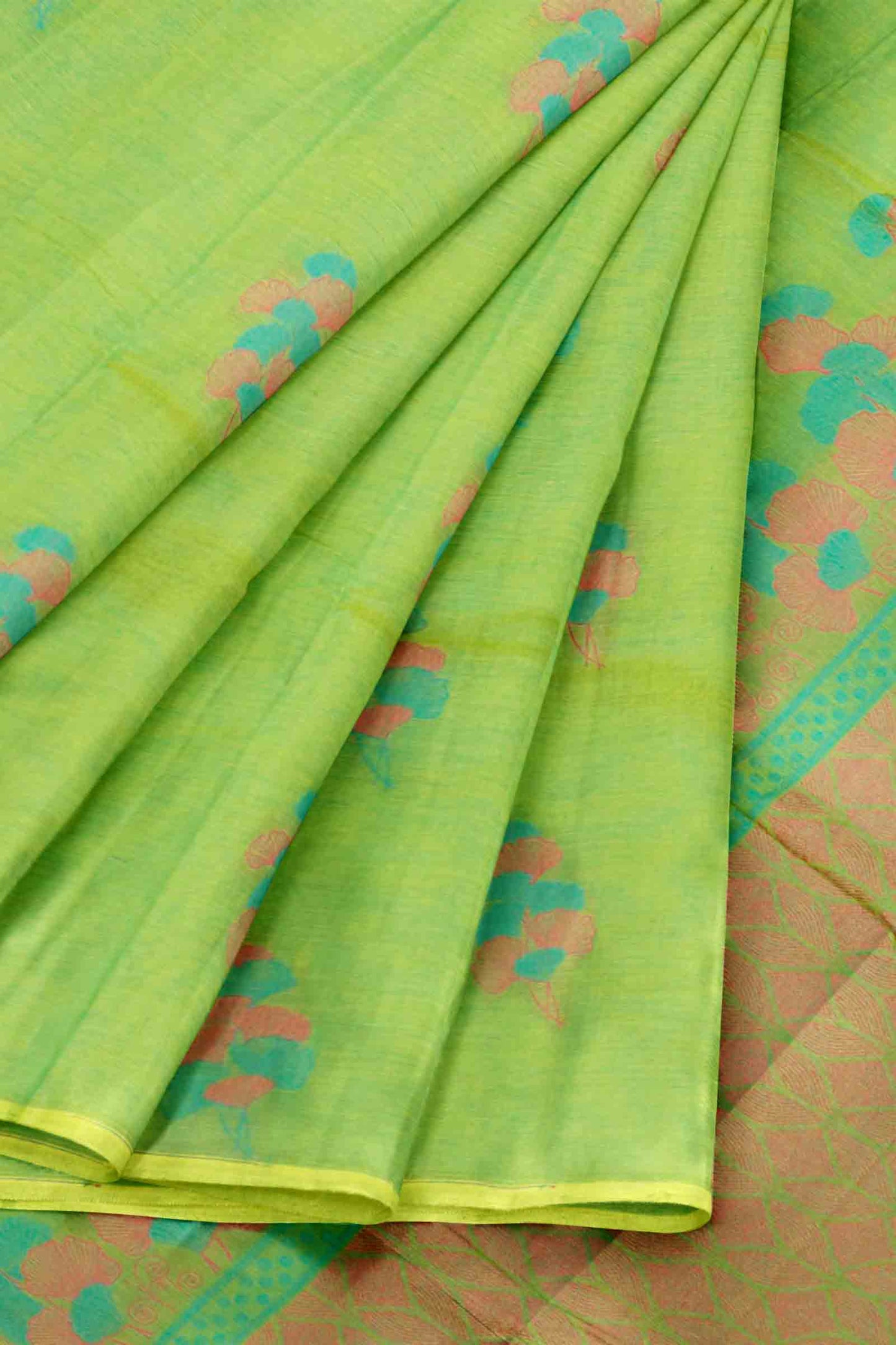 Green Pure South Cotton Floral Bouquet Saree